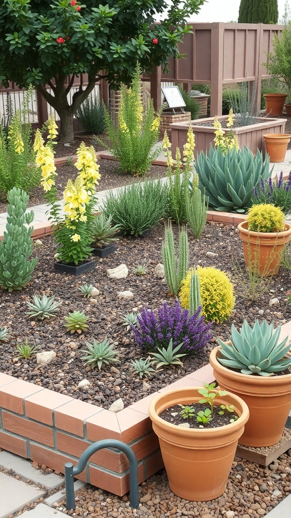 Mediterranean style raised beds with colorful flowers and succulents in terracotta pots.