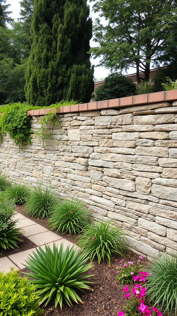 A stone garden wall surrounded by lush greenery and colorful flowers.