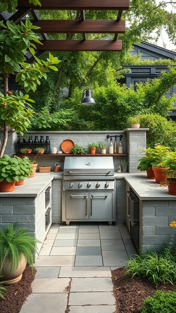 An outdoor kitchen surrounded by lush greenery, featuring a modern grill and stone countertops.
