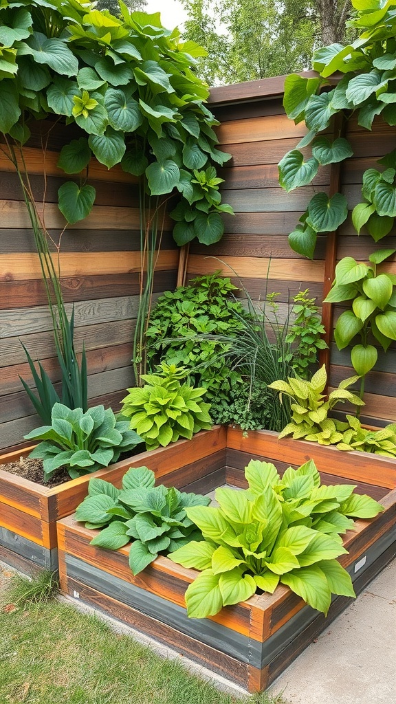 A corner raised bed garden with various green plants and a wooden structure.