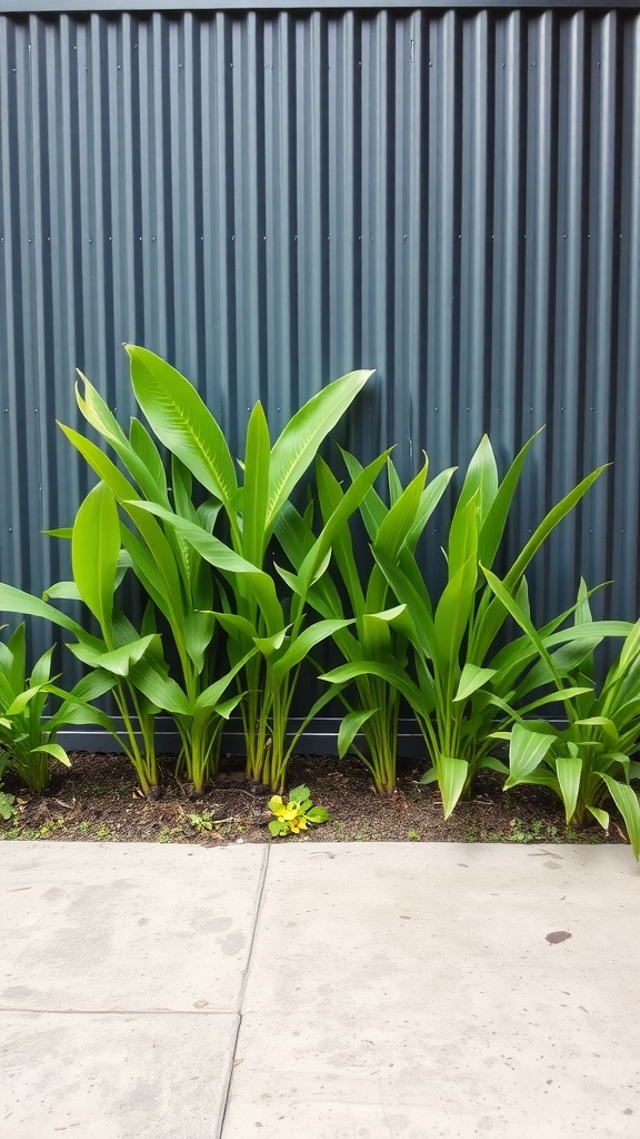 A tall corrugated metal fence with green plants at the base.