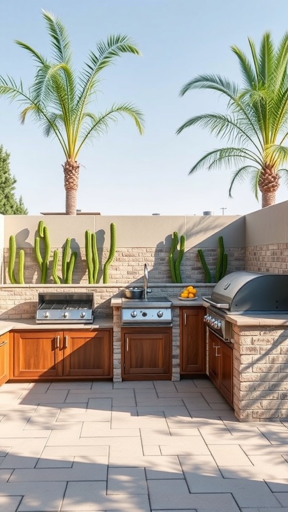 A stylish outdoor kitchen with wooden cabinets, a grill, and palm trees in the background.