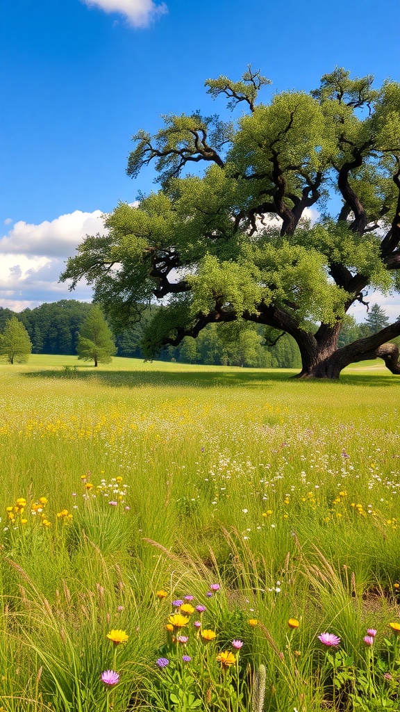 A sunny meadow filled with colorful wildflowers under large oak trees.