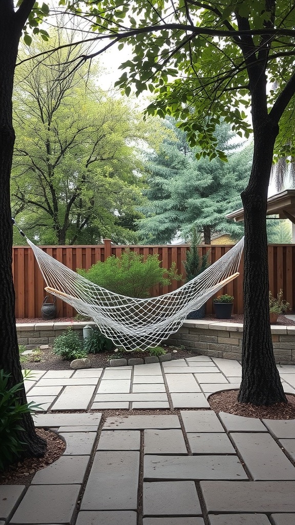 A hammock set between two trees in a patio area with greenery and stone pathway.