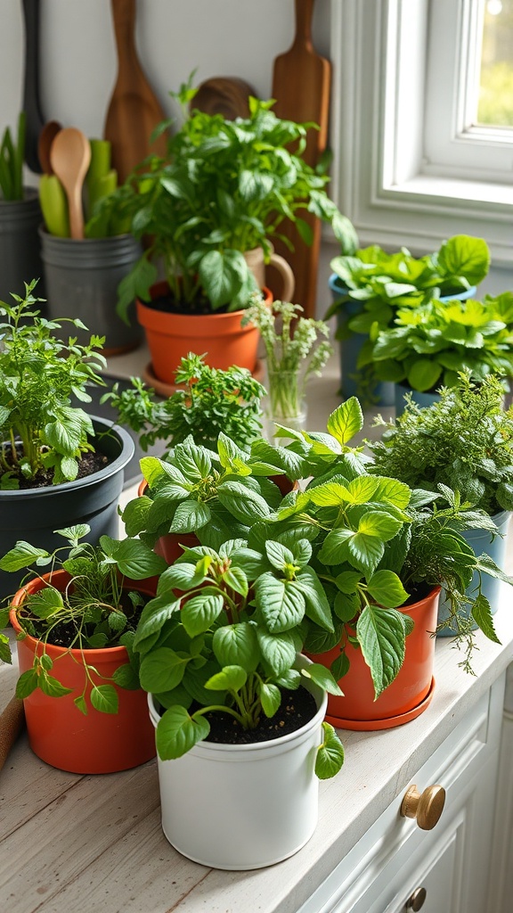 A variety of herbs growing in colorful containers on a kitchen counter.