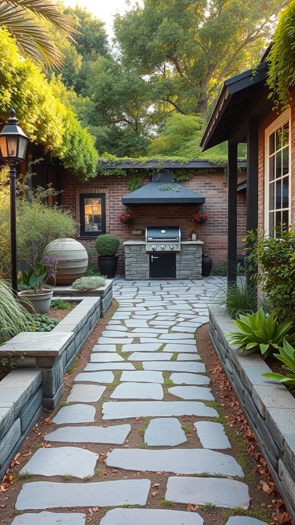A charming stone pathway leading to a BBQ area surrounded by greenery and decorative plants.