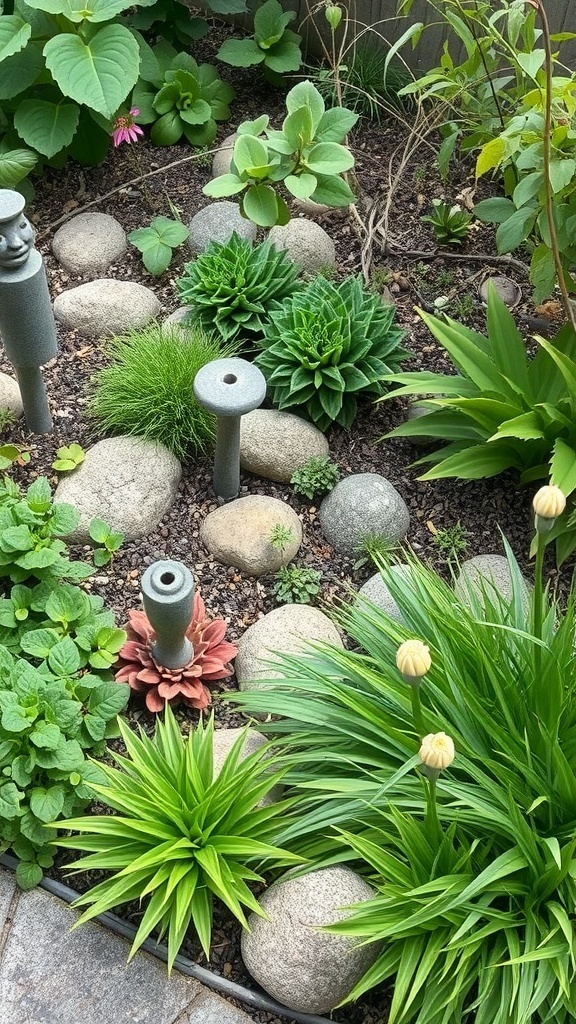 A small cottage garden featuring various sculptures, including a bird and a pig, surrounded by lush greenery and stone pathways.