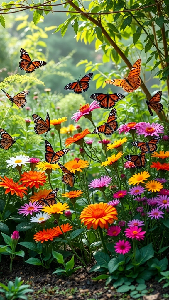 A colorful butterfly garden featuring various flowers and butterflies in a circular design.