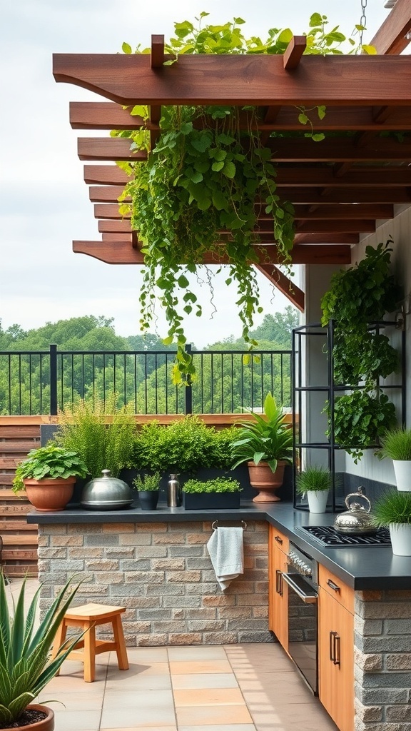 Outdoor kitchen with a wooden pergola and vertical garden featuring hanging plants and herbs.