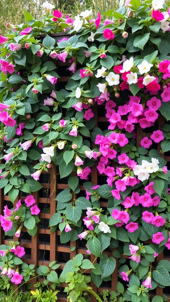 A wooden trellis covered with pink and white climbing flowers.