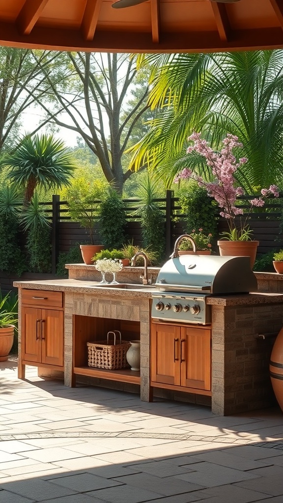 A small outdoor kitchen featuring a sink, grill, and potted plants.