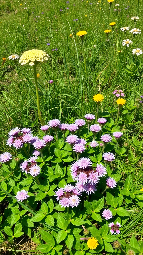 A field of purple flowering clover with green leaves and other wildflowers.