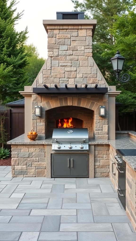 Outdoor kitchen with a stone fireplace and grill