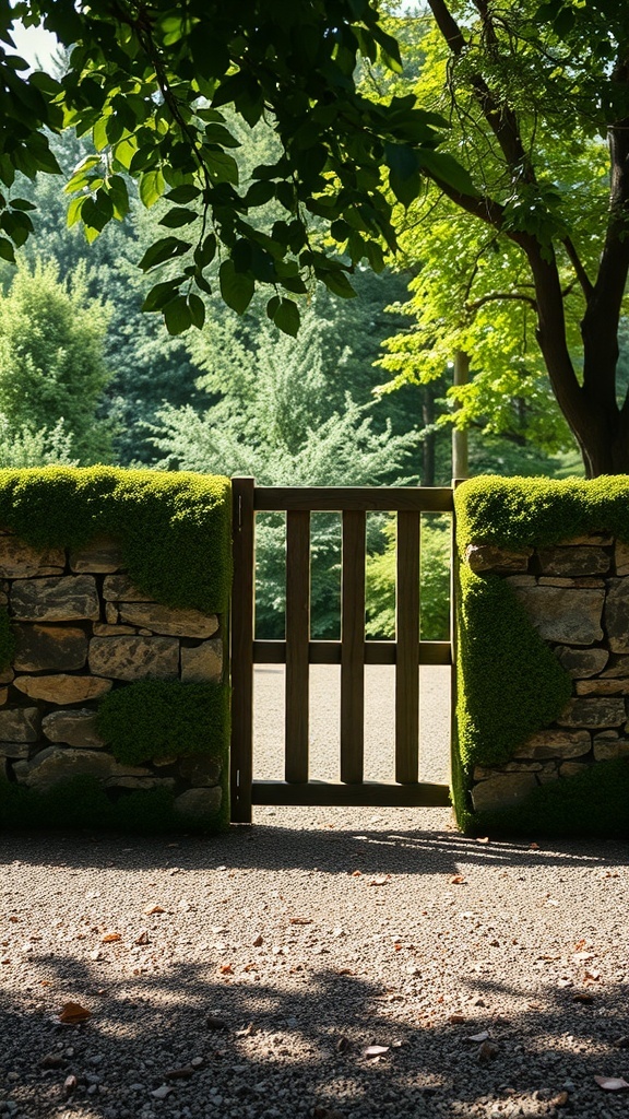 Moss-covered stone fencing with a wooden gate surrounded by greenery