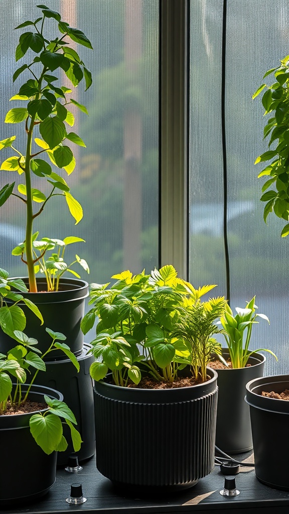 A variety of herbs growing in stylish black containers by a window.