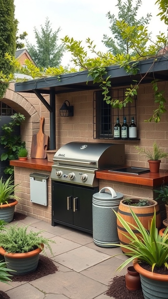 A stylish outdoor BBQ station with a grill, wooden countertops, and potted plants.