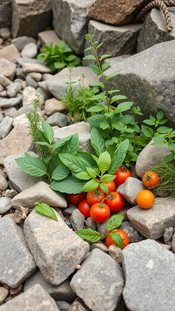 Tomato plants growing among rocks in a rock bed