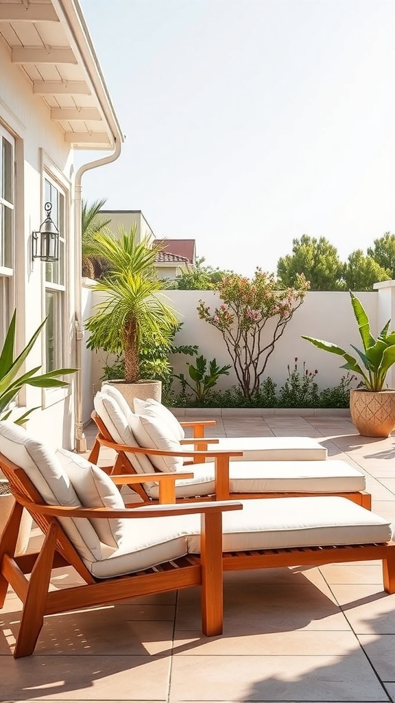Two comfortable lounge chairs with soft cushions on a patio surrounded by plants.