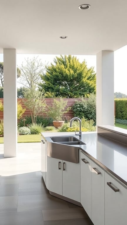 Minimalist outdoor kitchen featuring a stainless steel sink and white cabinetry, surrounded by greenery.