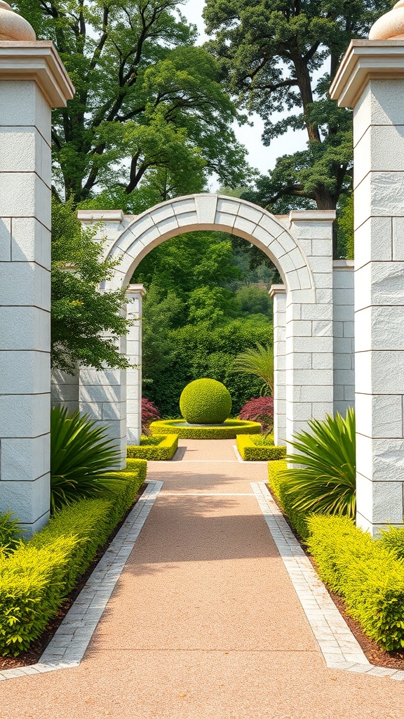 A white stone entrance with an archway and lush greenery on either side.