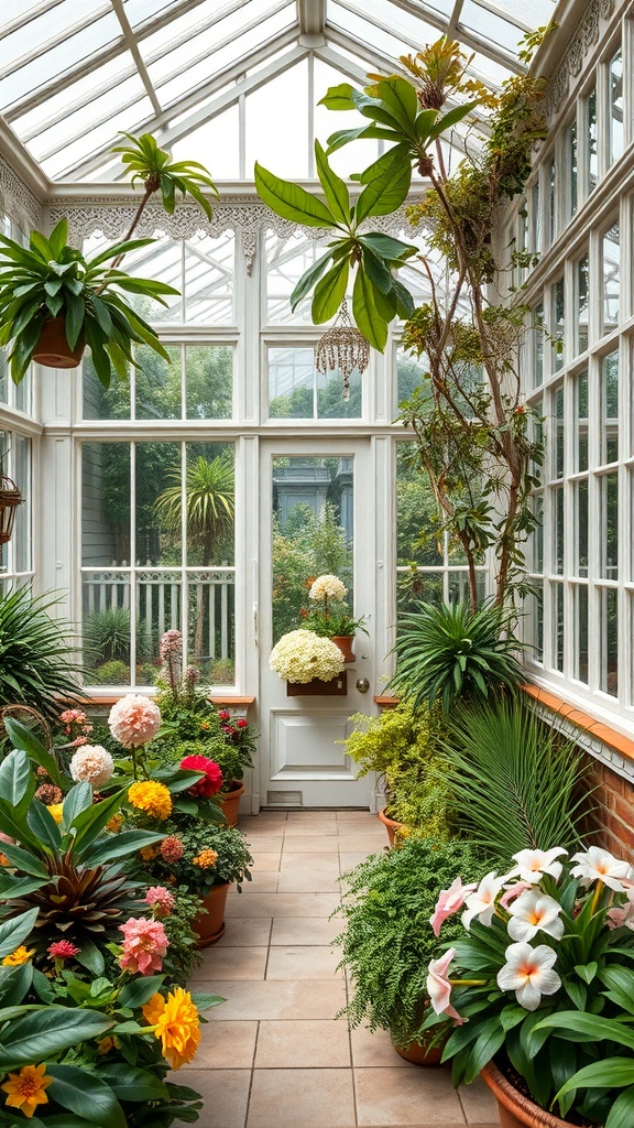 A traditional Victorian conservatory filled with various plants and flowers, showcasing large windows and intricate architectural details.