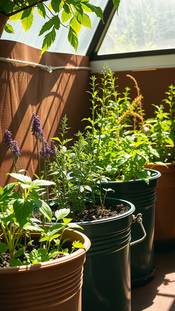 Illustration showing different herbs in pots with sunlight directions