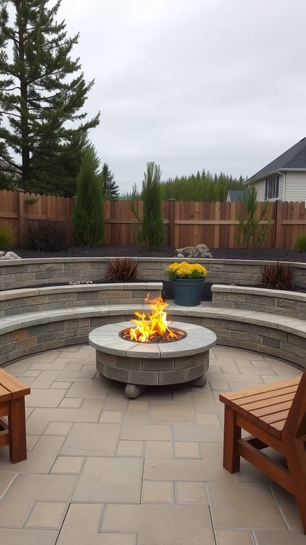 A cozy fire pit with a circular stone design and a curved seating wall, surrounded by greenery.
