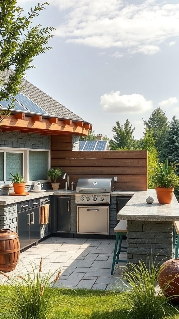 A modern outdoor kitchen featuring a grill, stone countertops, and plants, designed with sustainability in mind.