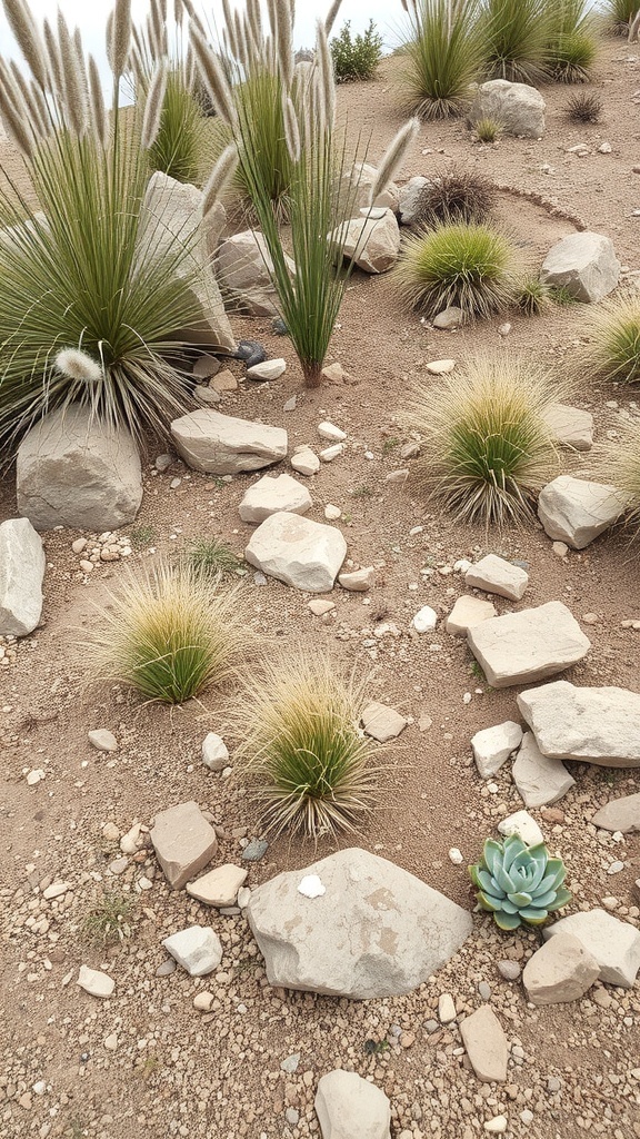 A dry landscape featuring drought-tolerant grasses, rocks, and pebbles.