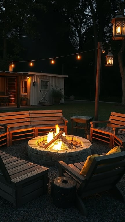 A rustic fire pit surrounded by reclaimed wood benches, with soft lighting in the background.