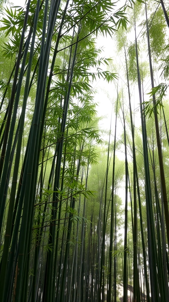 A serene bamboo grove with tall green stalks and leaves, creating a peaceful atmosphere.