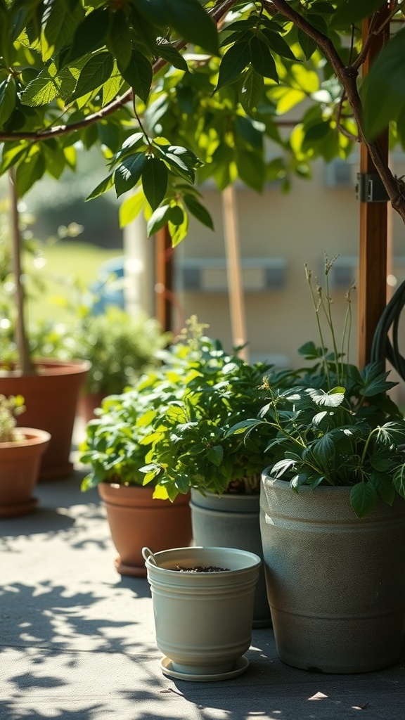 A collection of herb containers in a shaded area, showcasing lush greenery and various pots.