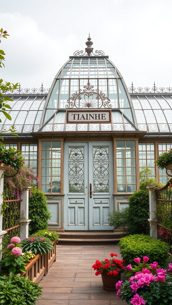 A Victorian style greenhouse with intricate details, surrounded by colorful flowers and a welcoming entrance.
