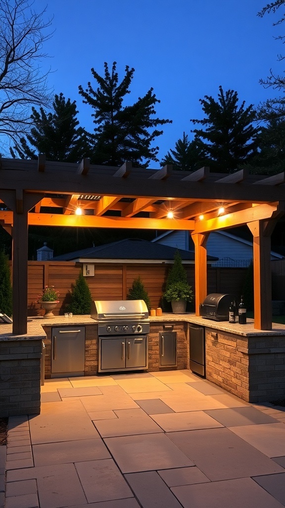 Outdoor kitchen with a wooden pergola featuring integrated lighting, stone countertops, and a grill.