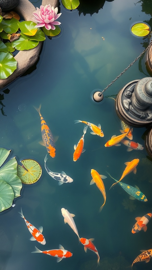 A vibrant koi pond with colorful koi fish, green lily pads, and a pink lotus flower.