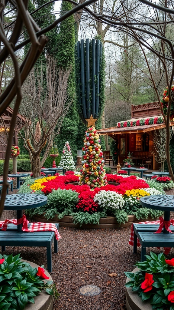 A circular garden filled with colorful seasonal flowers and decorations.