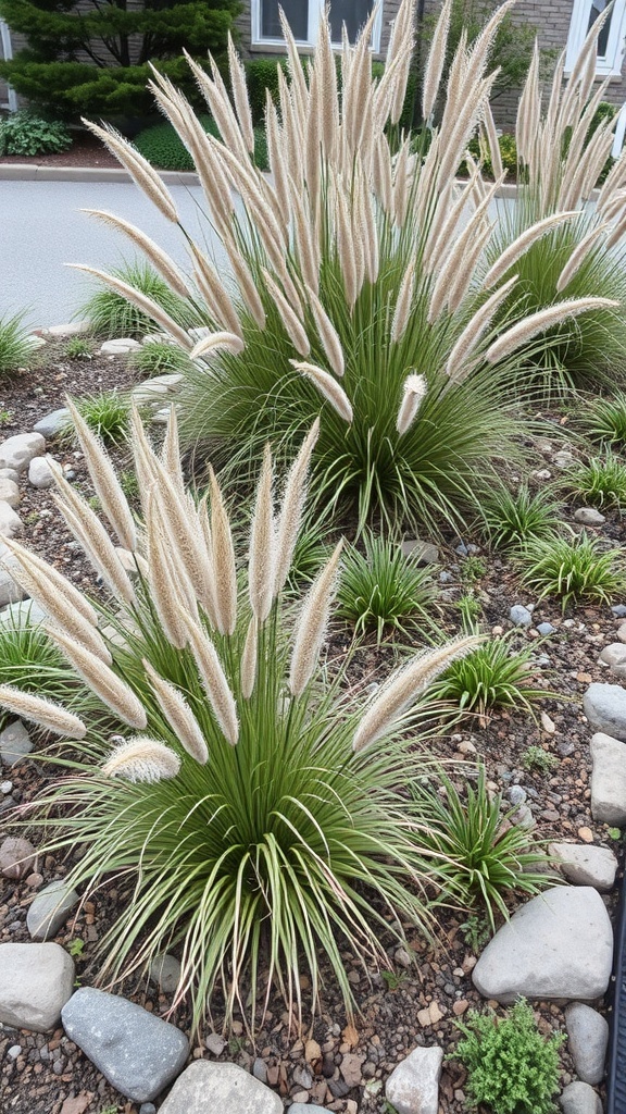 A rain garden featuring ornamental grasses with feathery plumes, surrounded by decorative stones.