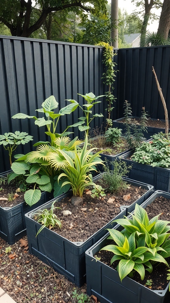A garden with raised beds surrounded by a black fence, featuring various plants.