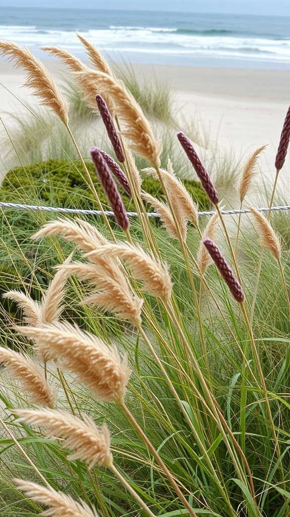 A coastal garden featuring soft ornamental grasses swaying in the breeze with a beach in the background.