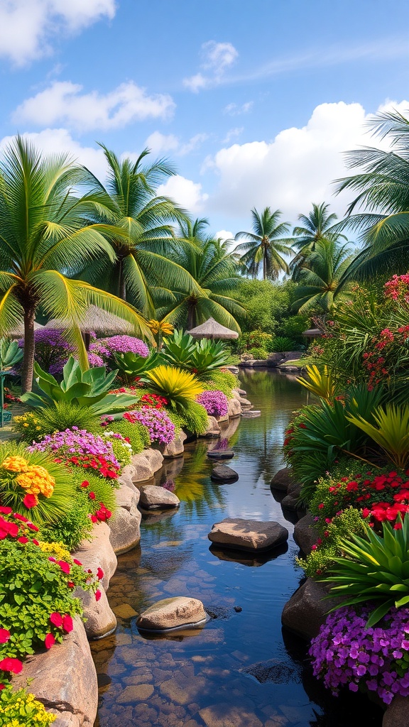 A tropical garden with a stream, colorful flowers, and palm trees under a blue sky.
