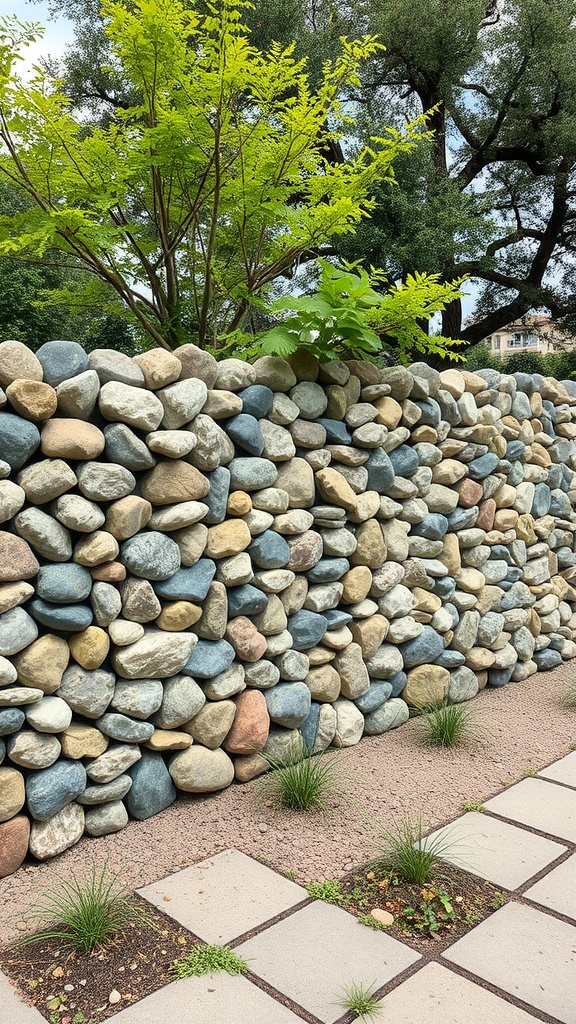 A gabion fence made of colorful stones with greenery above it.