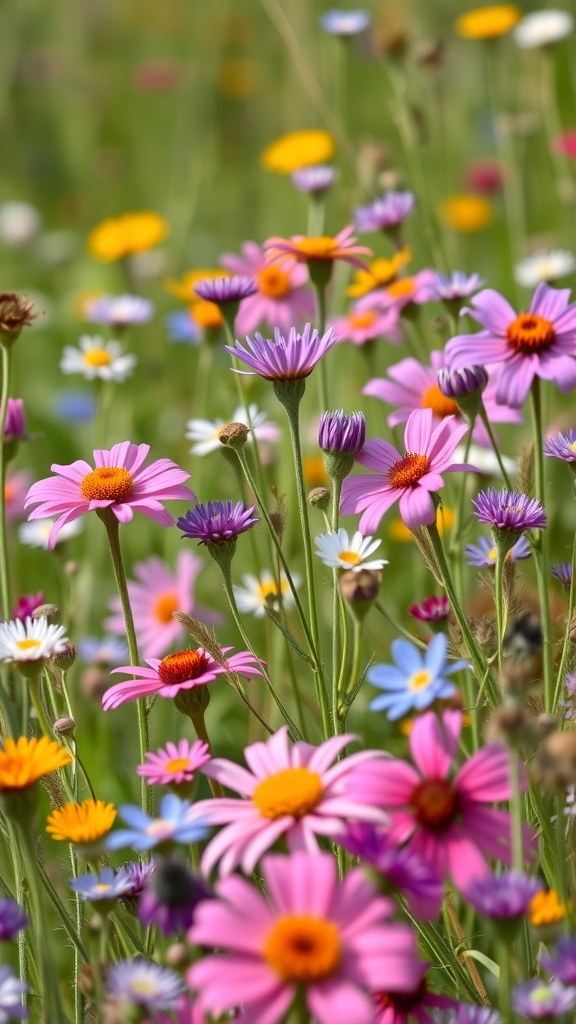 A vibrant mix of wildflowers featuring purple blooms among pink, yellow, and white flowers