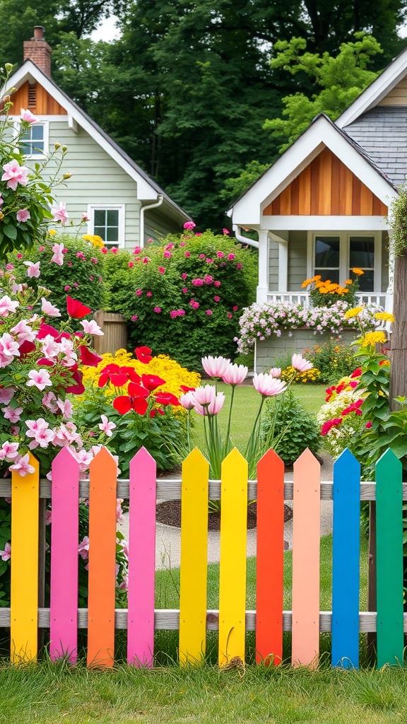 A colorful picket fence with pink, orange, yellow, and blue sections, surrounded by blooming flowers in a garden.