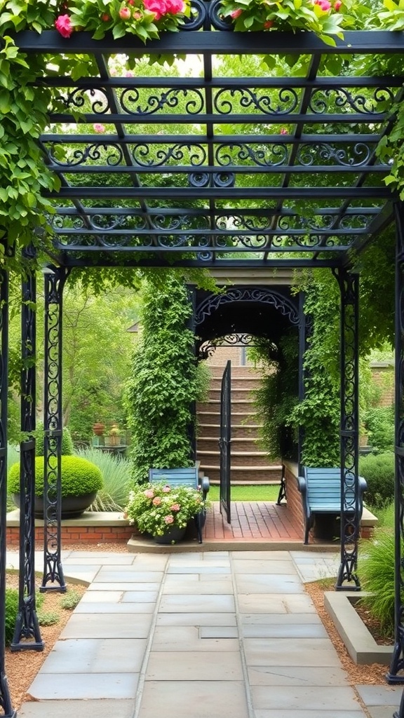 A vintage iron pergola adorned with wrought iron details, surrounded by greenery and flowers, leading to a garden pathway.