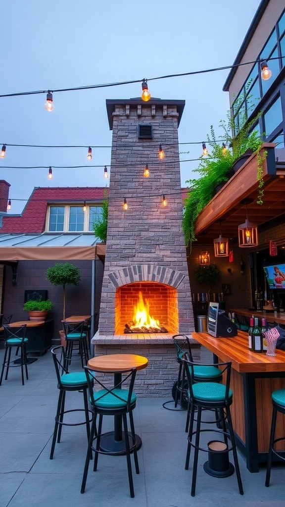 Stylish outdoor bar area with a stone fireplace, bar stools, and string lights.