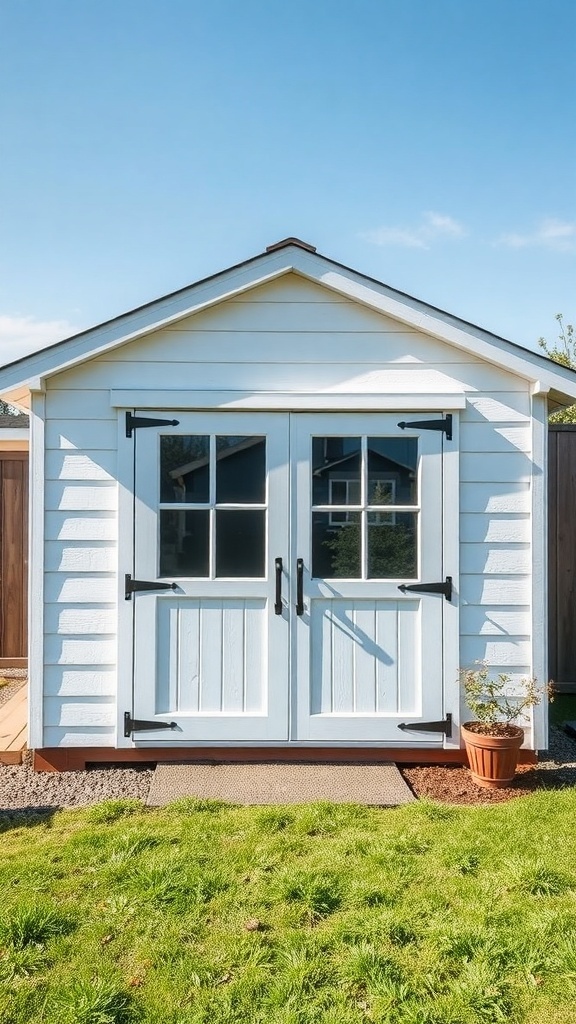 Compact white garden shed with sliding barn doors and a green lawn