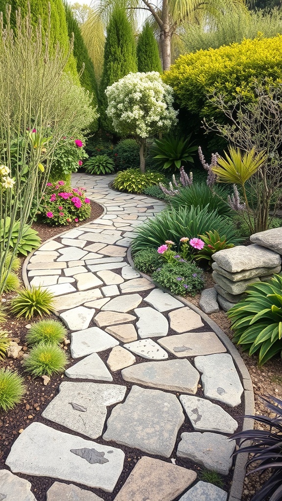 A winding stone pathway through a colorful garden filled with flowers and greenery.
