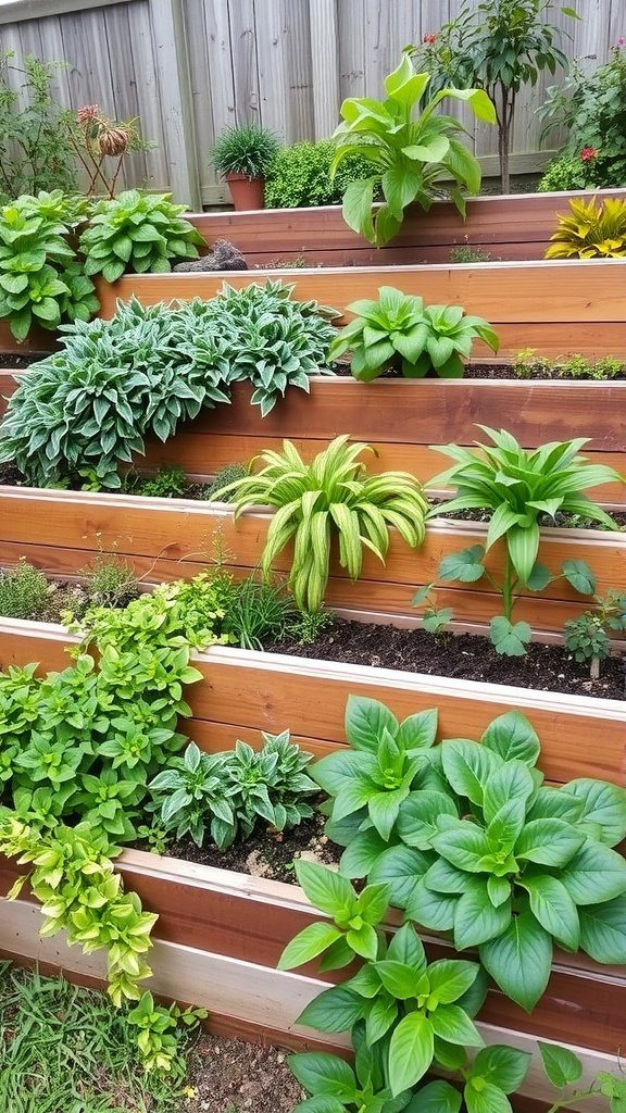 A tiered raised bed garden filled with various plants, showcasing a well-organized and lush design.