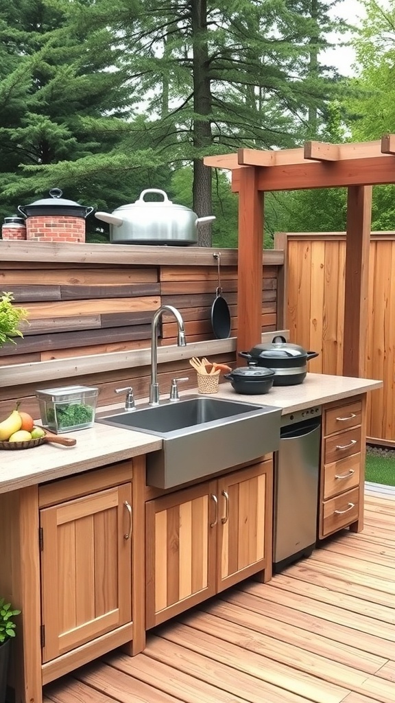 A built-in outdoor sink with wooden cabinetry and a modern design