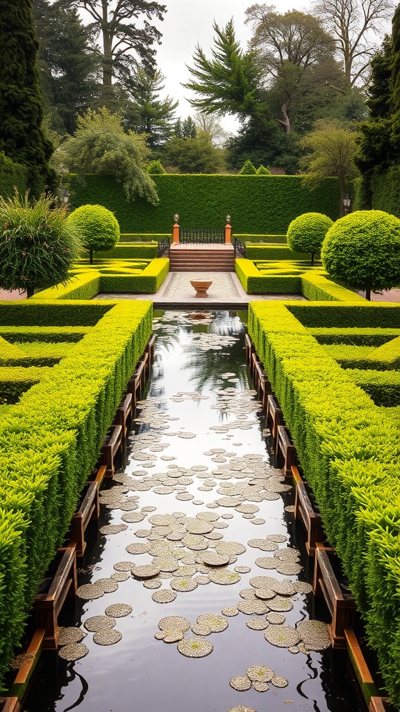 A formal garden featuring a reflecting pool surrounded by neatly trimmed hedges and lilypads.